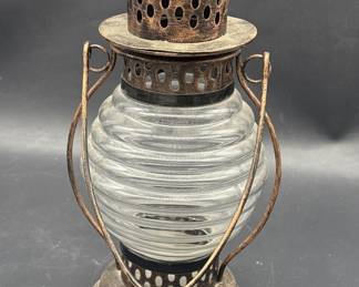 Vintage Glass & Pierced Metal Hanging Lantern