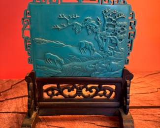 20th century Chinese carved turquoise colored table screen