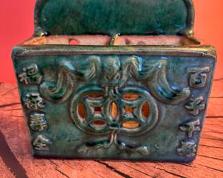 Antique green glazed Chinese pottery chopstick holder