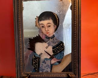Antique Chinese reverse glass painting mirror