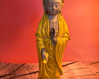 Vintage yellow polychrome figure of Kwan-Yin