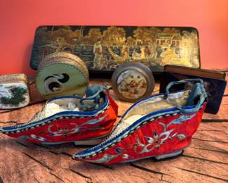 Antique Chinese embroidered lotus shoes plus vintage and antique Chinese boxes