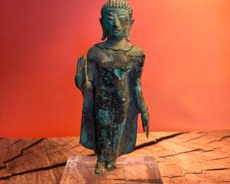 Antique bronze Buddha mounted an acrylic, pre-1700, probably Thai