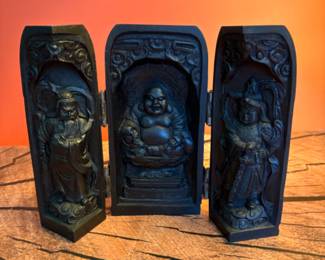 Carved wooden vintage wooden triptych Buddha
