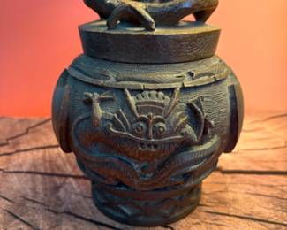 Antique Chinese carved wooden tea caddy/tobacco jar