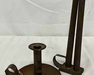 1840 Iron Candle Holder and 19th Century Two-Hole Candle Mold