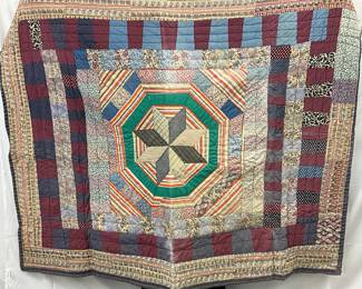 1930s Hand-Sewn Feed Sack Patchwork Quilt with Star Motif