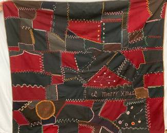 Early 20th Century Patchwork ‘Crazy’ Quilt with Embroidery and Plaid Backing