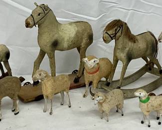 1800s Paper Mache Horses and Seven 1900s Wool Sheep with Wheels, 3-8 inches