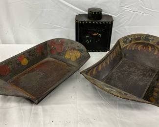 Two Hand-Painted Metal Serving Trays and Lidded Canister, 14x8