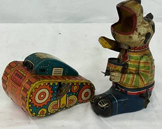 Early Marx Tin Lithograph Tank Toy and Japan-Made Tin Dog Toy