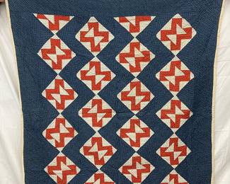Red, White, and Blue Handmade Hourglass Quilt, c.1900, 56x67 inches