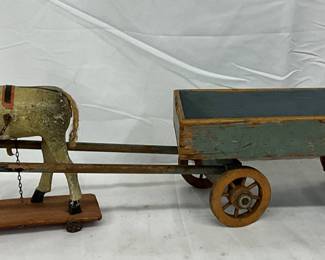 Early 1900s Wooden Kids Toy Wagon with Carved Horse, 24x9