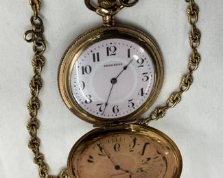 Gold-Plated Engraved Pocket Watch with Chain, Waltham Movement