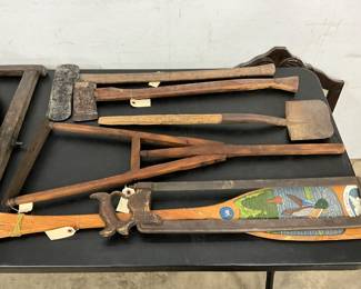 Early Tools Including Wooden Clamps, Hand Axes, and Paddle