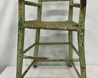 Green Painted Children’s Chair with Woven Seat, Circa 1890s, 14x28