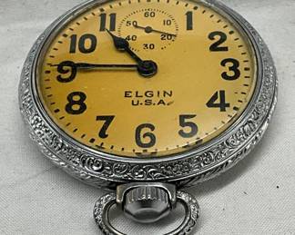 Elgin Open-Face Pocket Watch with Engraved Case