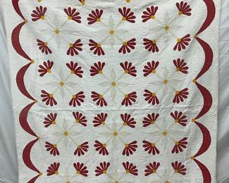 Handmade Quilt with Red Flower Appliqué and Scalloped Border