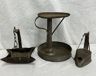 Early Style Betty Lamp, 4-Spout Cruiser Lamp, and Metal Stand, 5 to 7 inches tall