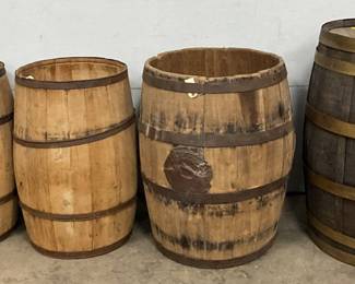Four Early Wooden Barrels with Metal Bands