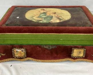 Victorian Velvet-Covered Dresser Box with Figural Painted Lid, Circa 1900, 20x12