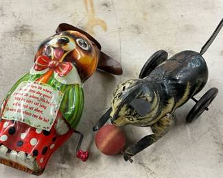 Early Tin Toys, Including Mattel Dog and Wind-Up Cat with Ball