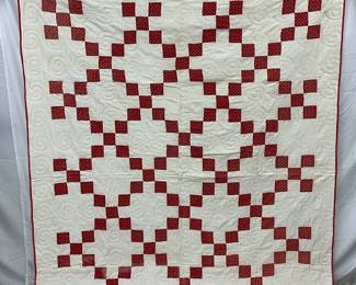 Handmade Red and White Quilt with Geometric Pattern