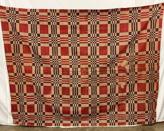 19th Century Jacquard Red, White, and Blue Wool Coverlet, 72″ x 92″