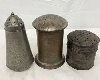 Three 19th Century Metal Sugar Shakers, 4-5 inches tall