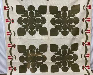 Handmade Early Quilt with Green Applique and Red Floral Graphics