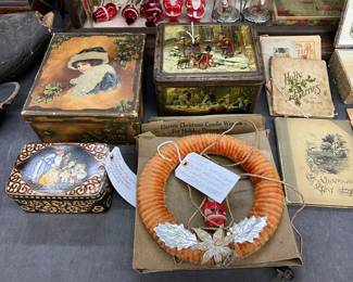 Vintage Holiday Decorations, Tin Boxes, Books, and Christmas Figurines
