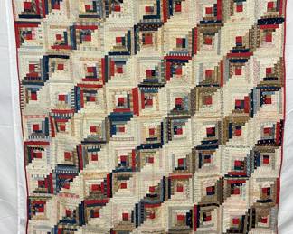 Log Cabin Pattern Quilted Blanket with Multicolor Fabrics and Red Binding, c. 1885