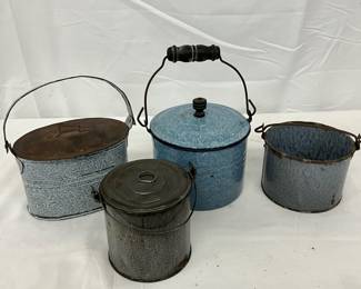19th Century Porcelain Granite Ware Containers and Kettle Set, 3-6inches