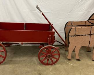 Red Wooden Wagon with Two Donkey Figures, 82 Inches Long
