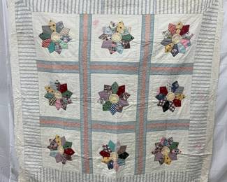 Patchwork Quilt with Flower Motif and Feed Sack Fabrics, Circa 1930
