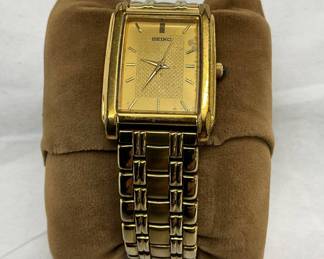 Seiko Rectangular Gold-Tone Quartz Wristwatch With Stainless Steel Band