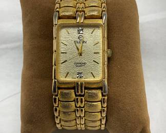 Elgin Rectangular Gold-Tone Quartz Wristwatch with Diamond Accents
