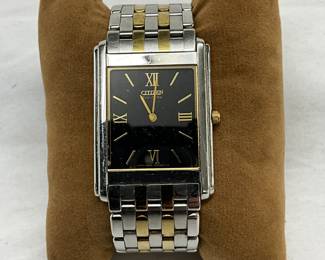 Citizen Two-Tone Rectangular Wristwatch with Black Dial and Roman Numerals