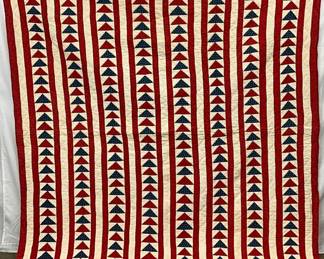 1880s Flying Geese Quilt in Red, White, and Blue Colors, Signed ‘G.C.D.’, Lancaster County PA