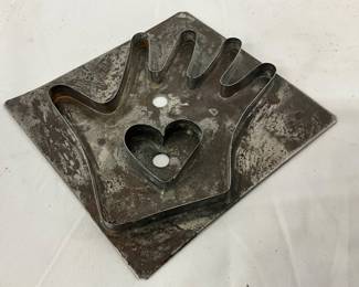 1890 Hand and Heart-Shaped Metal Cookie Cutter, 5 1/2 Inches