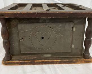 1900s Colonial American Punch Tin and Wood Foot Warmer, 11x10