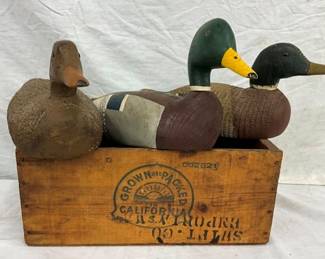 EARLY WOODEN BOX AND DUCK DECOYS