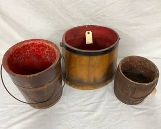 WOODEN RED INTERIOR BUCKET COPPER BANDS