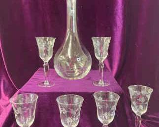  014 Luigi Bomioli Light And Music Decanter And Six Vintage Etched Cordial Glasses