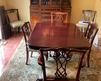 Dining room table with six chairs, two leaves and pads.  Measures 62” l x 41” w x 30 tall.  Each leaf adds 18”dining room table and chairs $450