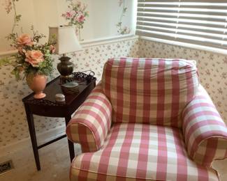 Harden Plaid chair and side table with lamp.  Chair measures 36 w x 34 d x 32 h.  Presale $125.  Side table has one drawer.  Measures 24 w x 18 d x 24 h.   Presale $55