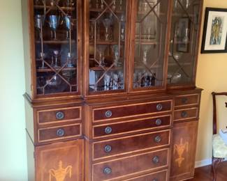 Antique China cabinet with inlay, pull down center secretary, measures 60” w x 18” d x 83” h. Can be moved in two pieces. Presale price $475
