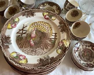 king Tom dinner plates and Johnson Brothers His Majesty smaller plates and cups.