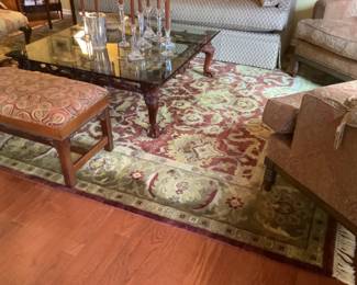 Beautiful olive and burgundy rug measures  12’ 3 “ x 9’.  Square table measures 48” square. Presale rug price$400