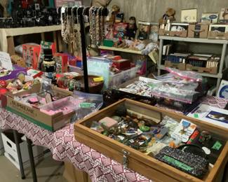 Jewelry, military pins, boxed Hallmark ornaments and more